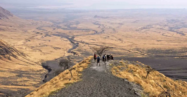 Trekkers walk down a grey volcanic ash ridge towards dry, gullied Rift Valley plains far below
