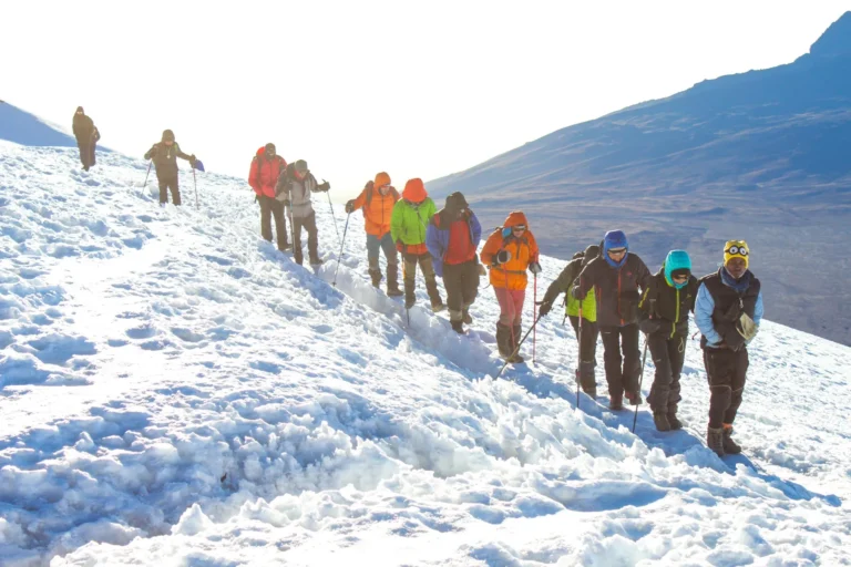 A long line of climbers in bright jackets and hats ascends a steep snowfield near Kilimanjaro's crater rim in morning light