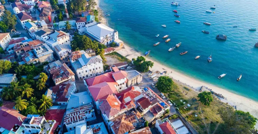 Stone Town rooftops and the harbour from above