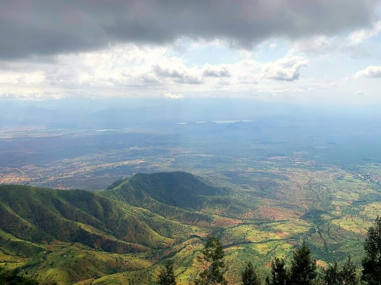 View from the Usambara Mountains near Lushoto over green ridges to the wide plains far below